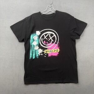 Blink-182 T-Shirt Adult Large Black Graphic Smiley Logo Pink Teal Splatter Tee